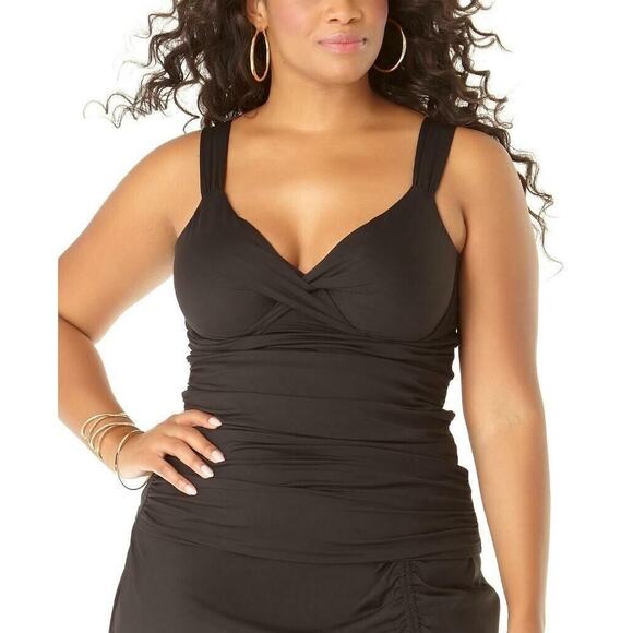 Anne Cole Twist Front Underwire Tankini Top Size 24W Black Slimming New - Picture 1 of 8